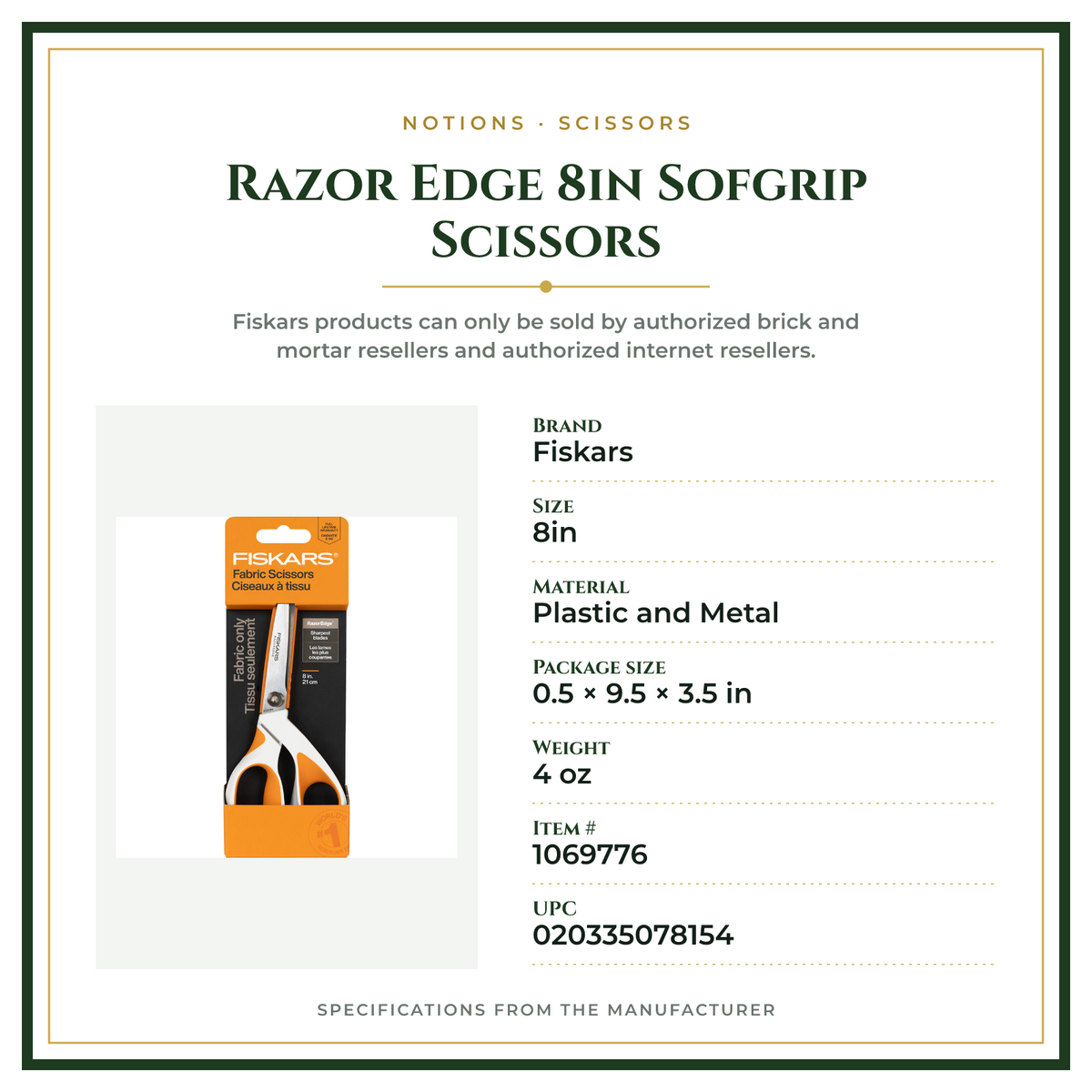 Product Specifications – Razor Edge 8in Sofgrip Scissors
