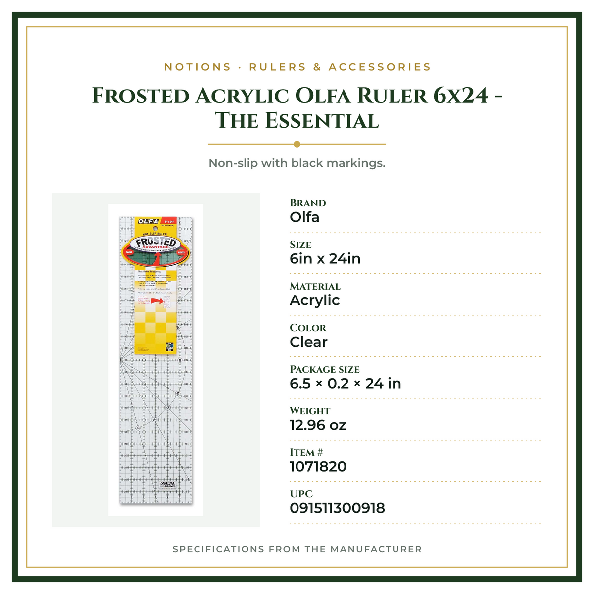 Product Specifications – Frosted Acrylic Olfa Ruler 6x24 - The Essential