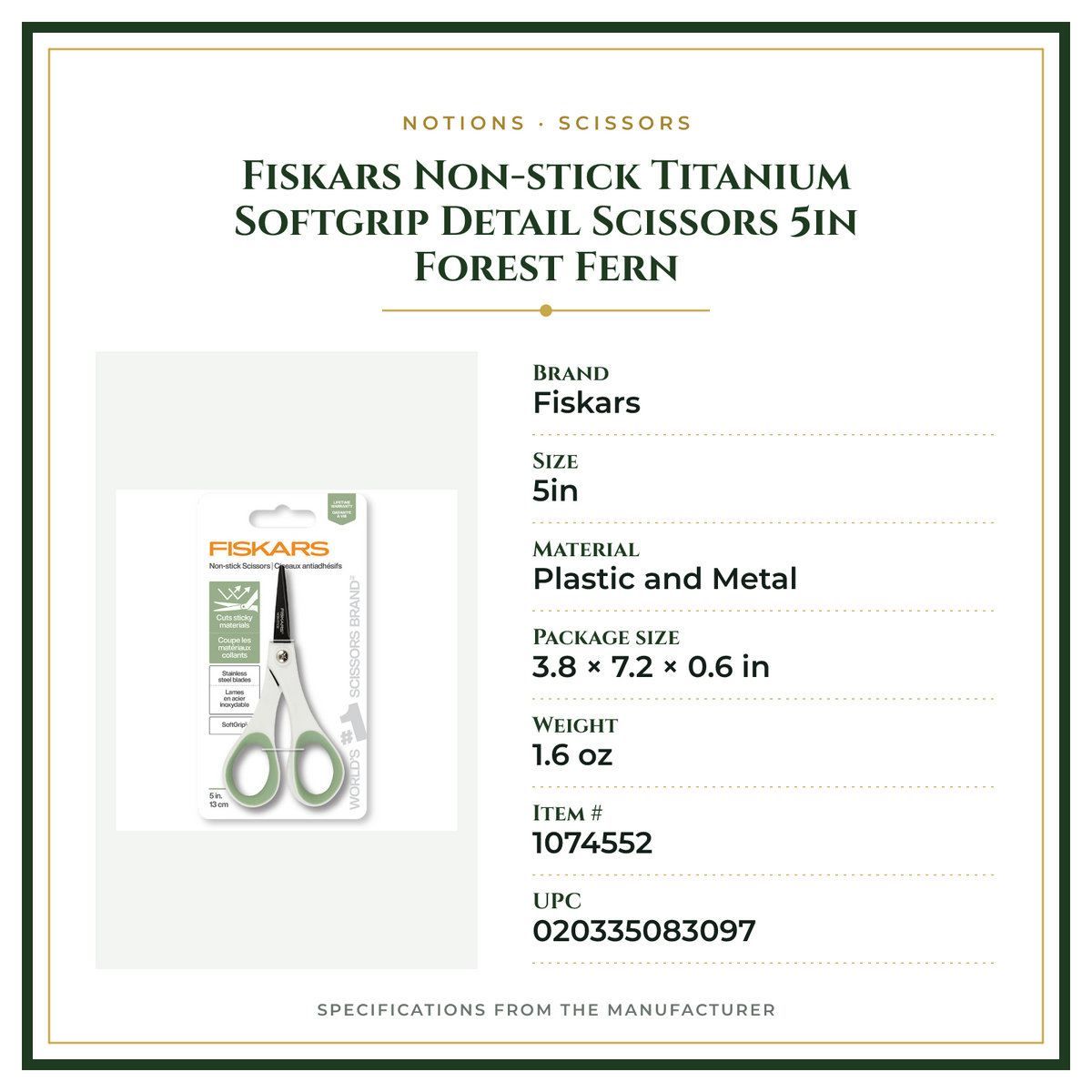 Product Specifications – Fiskars Non-stick Titanium Softgrip Detail Scissors 5in Forest Fern