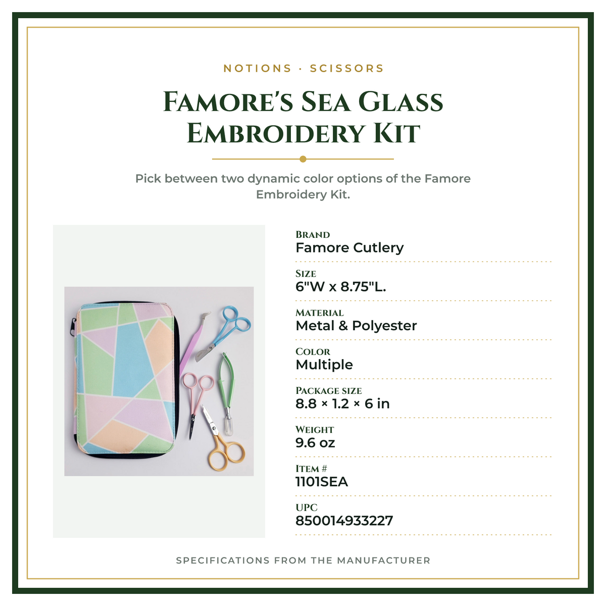 Product Specifications – Famore's Sea Glass Embroidery Kit