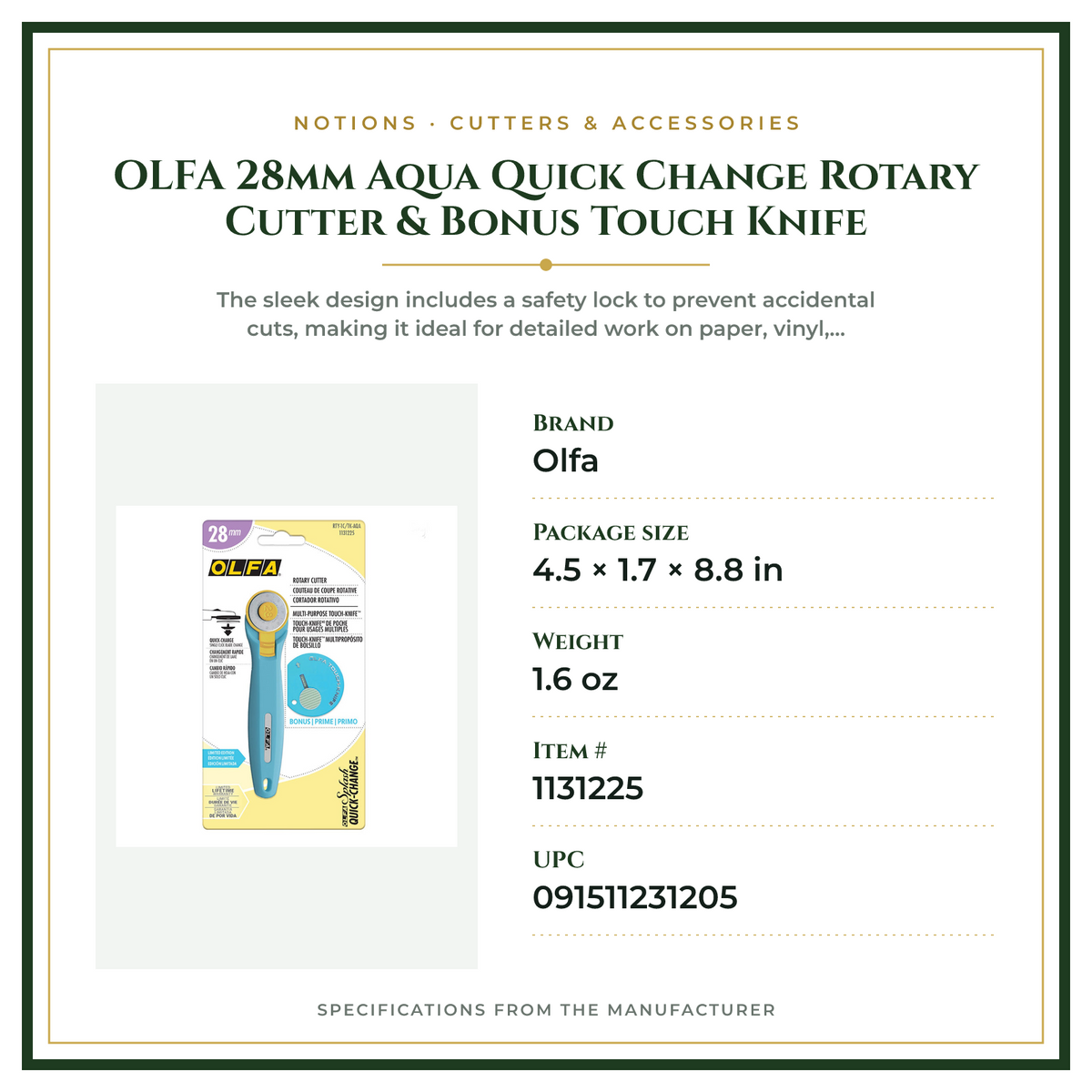 Product Specifications – OLFA 28mm Aqua Quick Change Rotary Cutter & Bonus Touch Knife