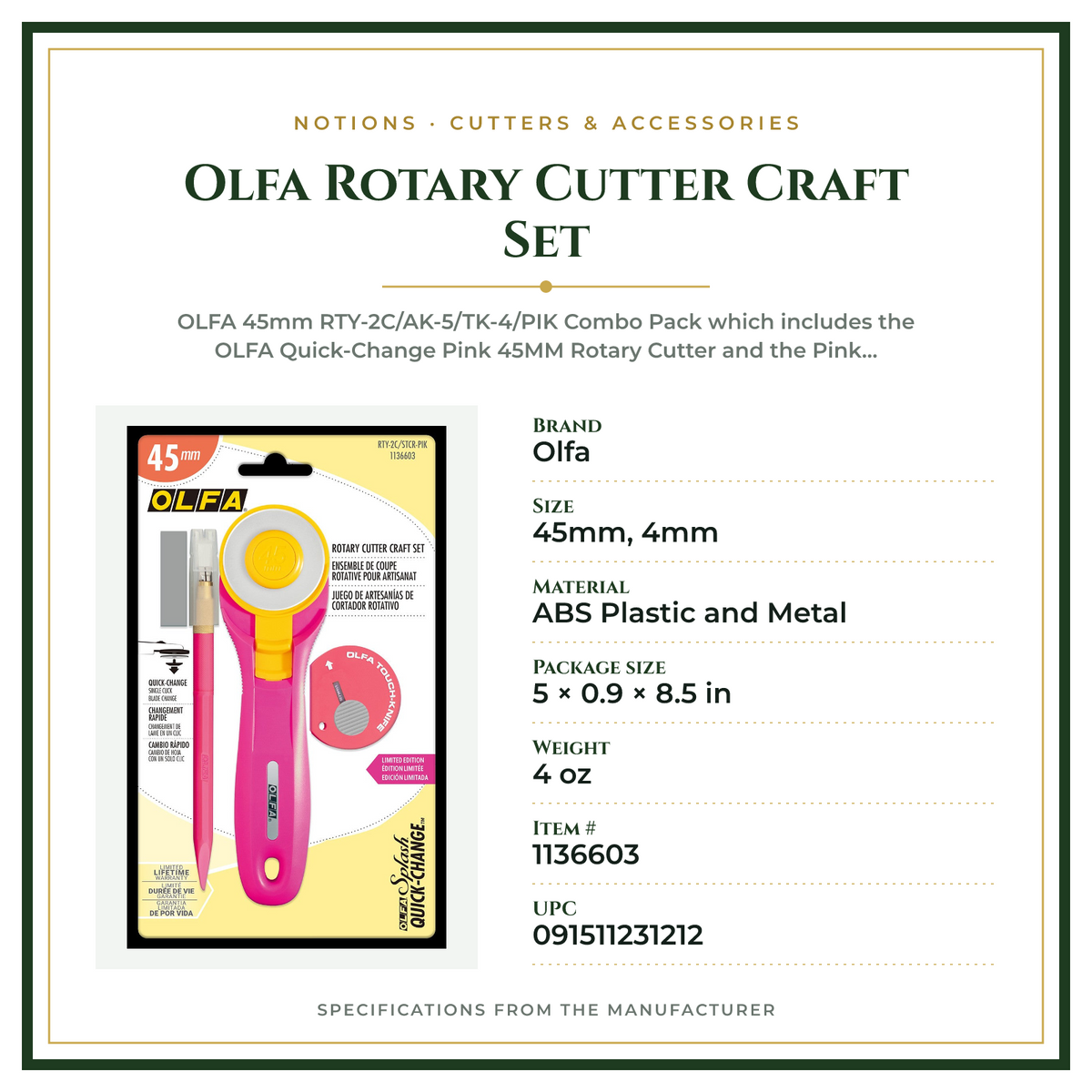 Product Specifications – Olfa Rotary Cutter Craft Set