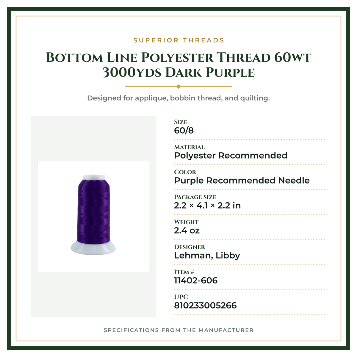Product Specifications – Bottom Line Polyester Thread 60wt 3000yds Dark Purple