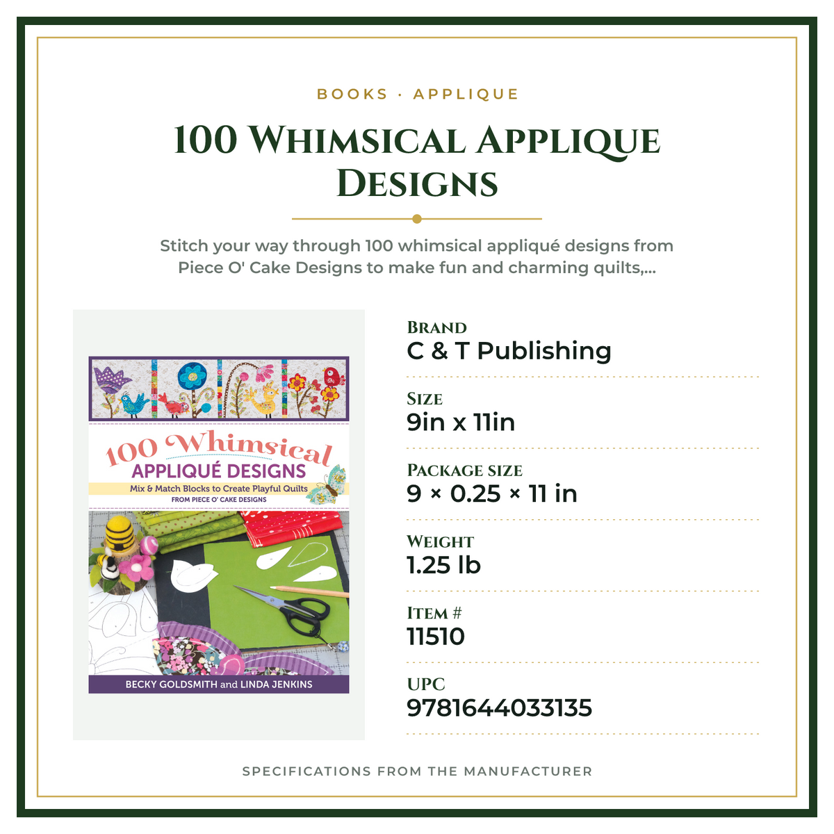 Product Specifications – 100 Whimsical Applique Designs