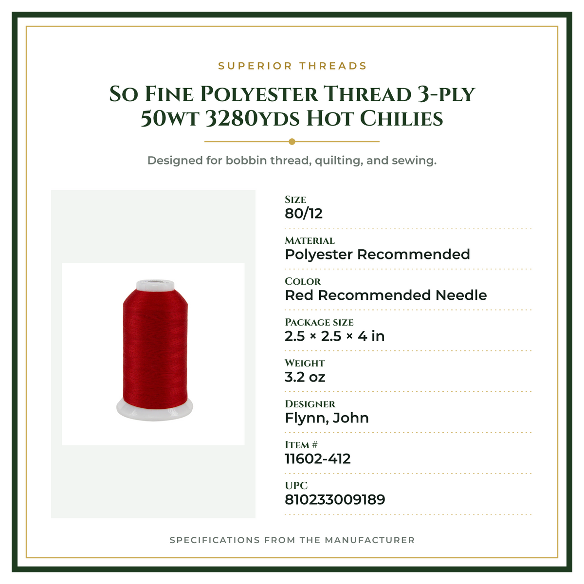 Product Specifications – So Fine Polyester Thread 3-ply 50wt 3280yds Hot Chilies