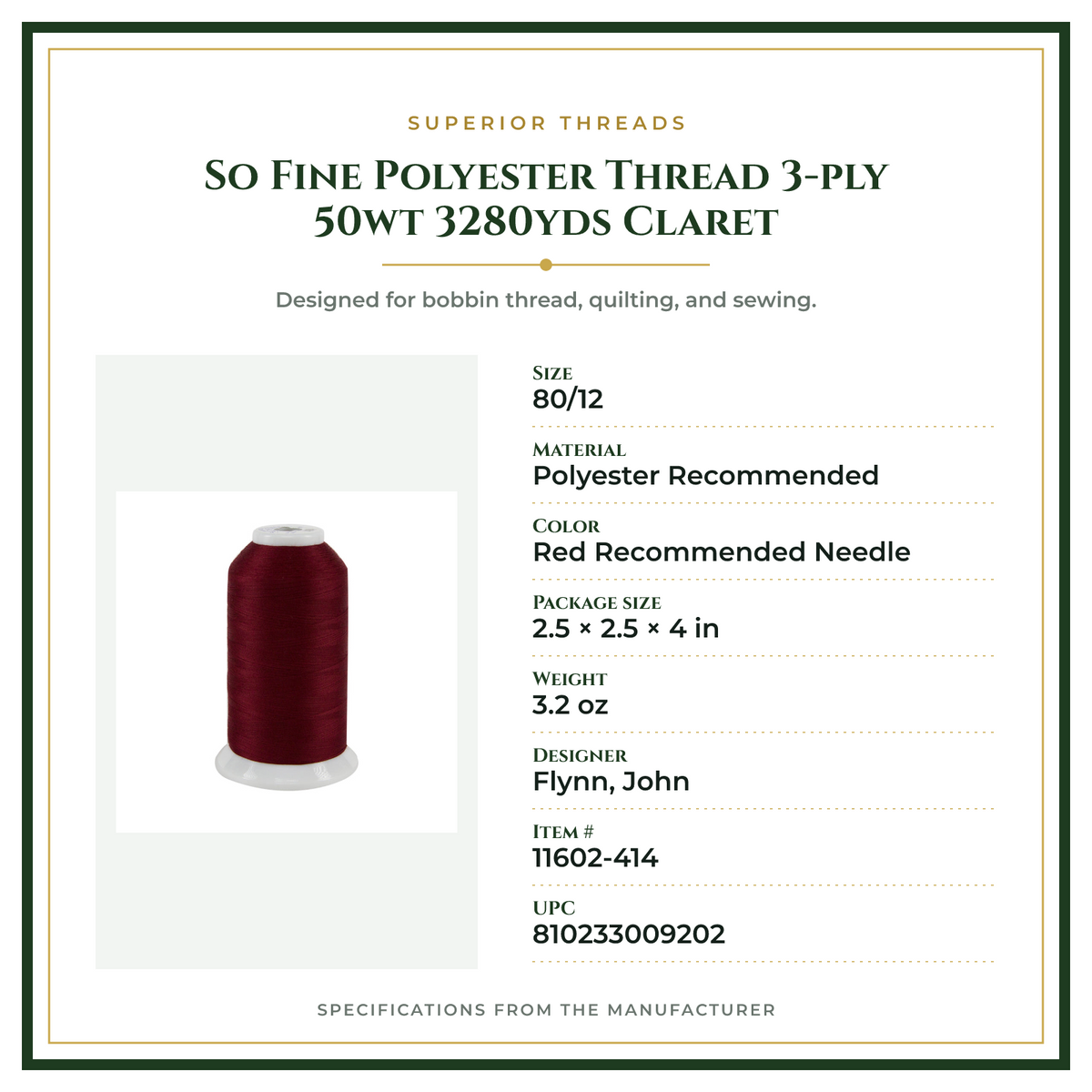 Product Specifications – So Fine Polyester Thread 3-ply 50wt 3280yds Claret