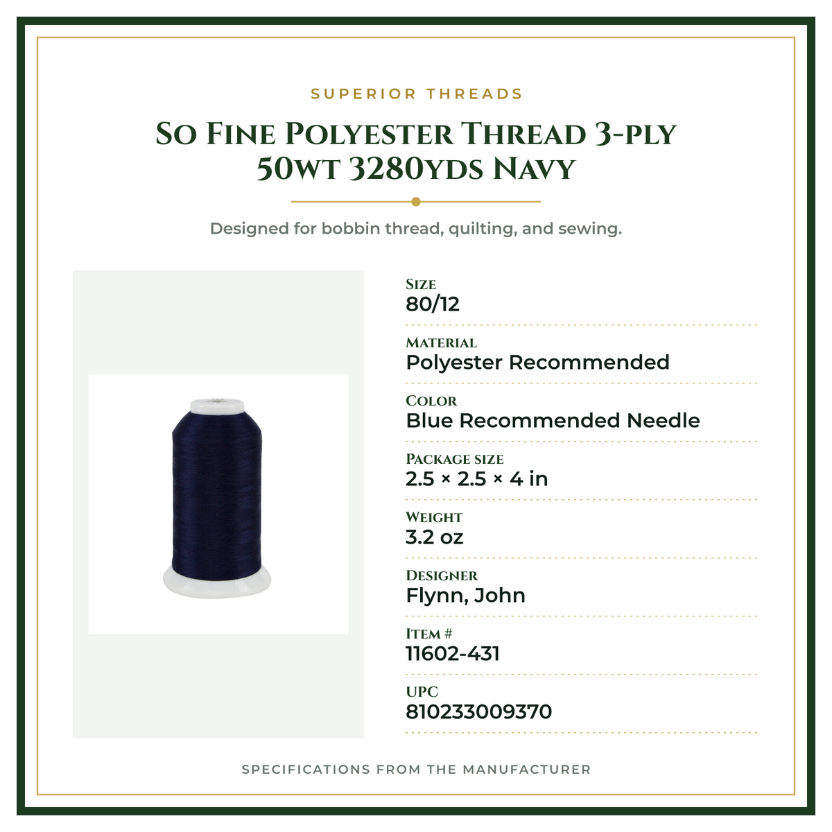 Product Specifications – So Fine Polyester Thread 3-ply 50wt 3280yds Navy