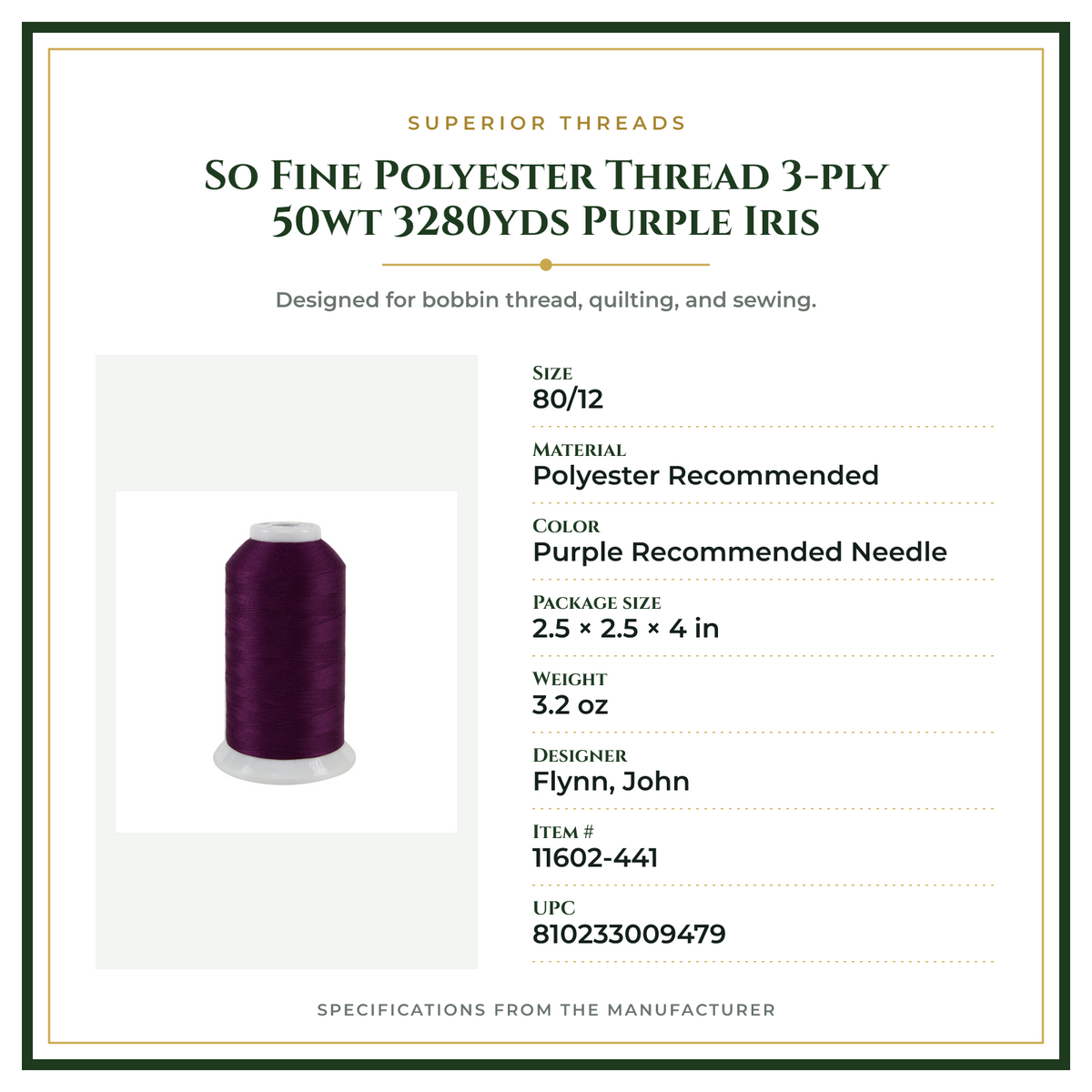 Product Specifications – So Fine Polyester Thread 3-ply 50wt 3280yds Purple Iris