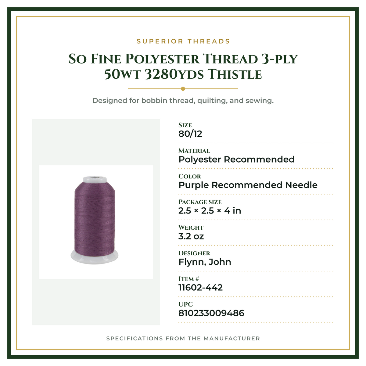 Product Specifications – So Fine Polyester Thread 3-ply 50wt 3280yds Thistle