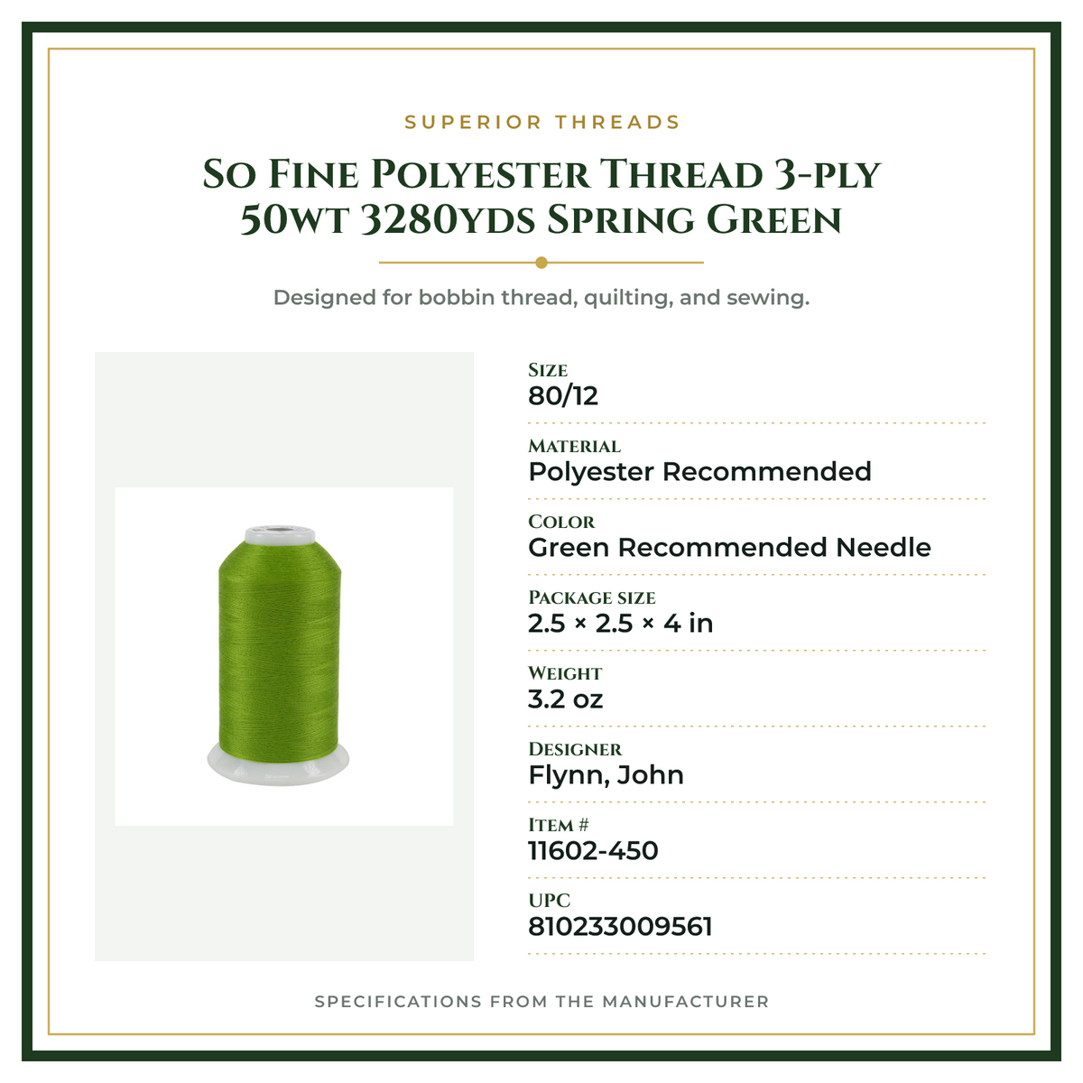 Product Specifications – So Fine Polyester Thread 3-ply 50wt 3280yds Spring Green
