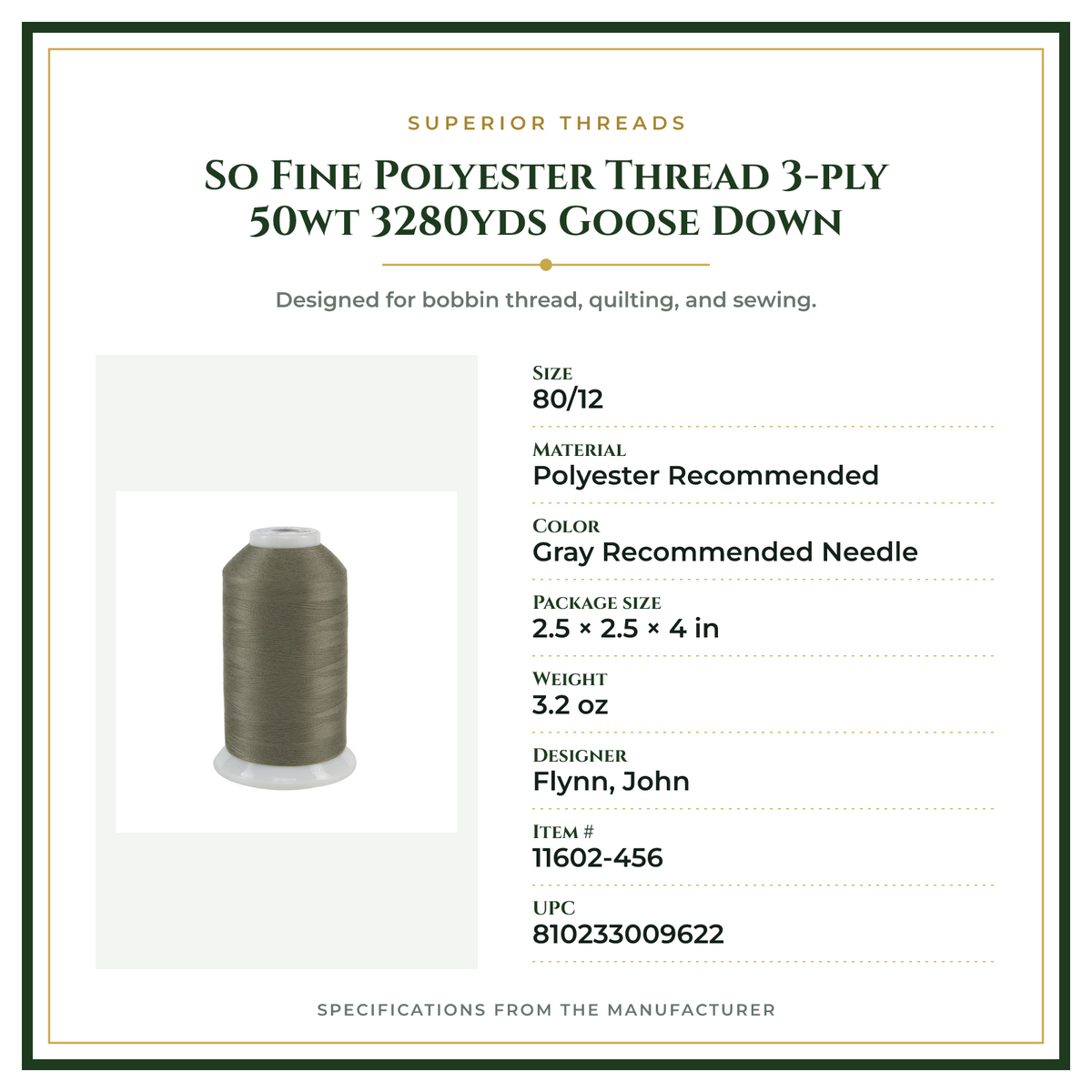 Product Specifications – So Fine Polyester Thread 3-ply 50wt 3280yds Goose Down
