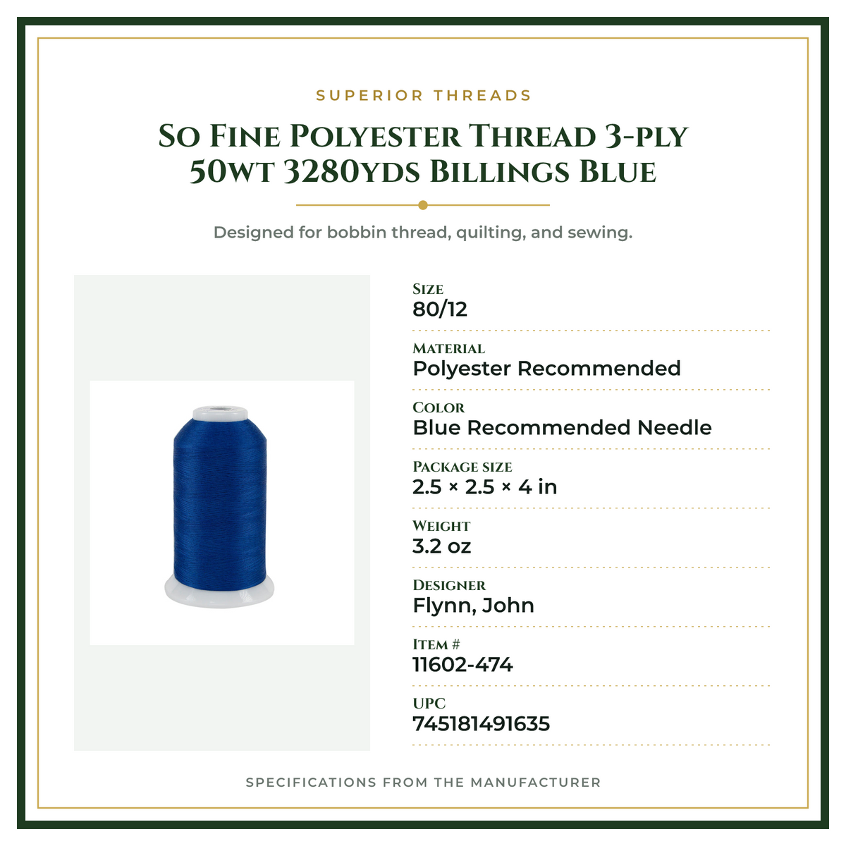 Product Specifications – So Fine Polyester Thread 3-ply 50wt 3280yds Billings Blue