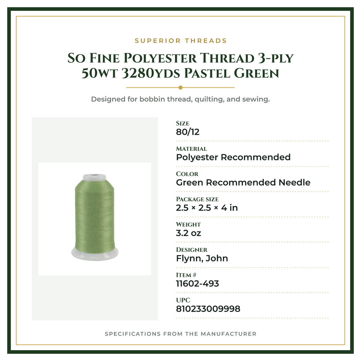 Product Specifications – So Fine Polyester Thread 3-ply 50wt 3280yds Pastel Green