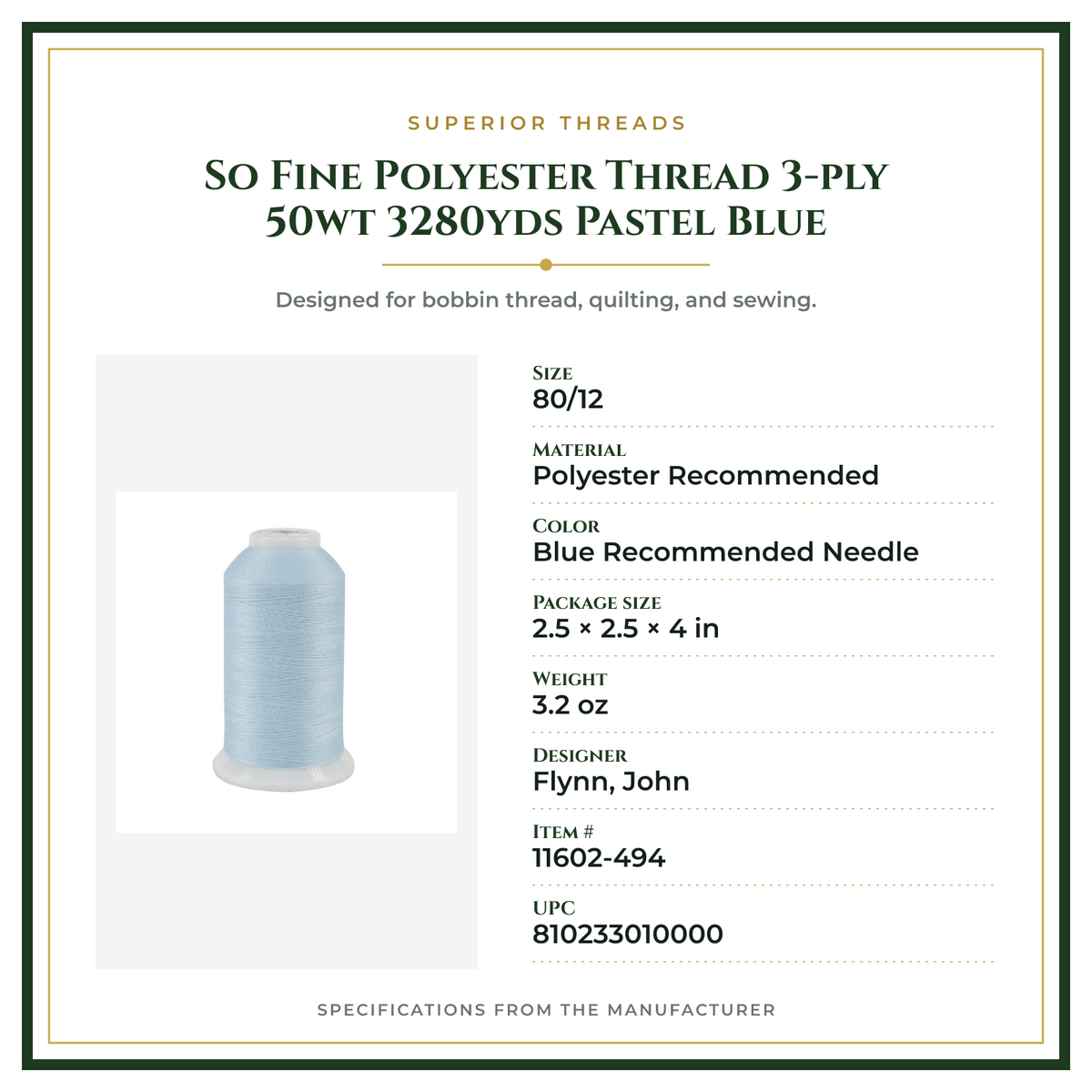 Product Specifications – So Fine Polyester Thread 3-ply 50wt 3280yds Pastel Blue