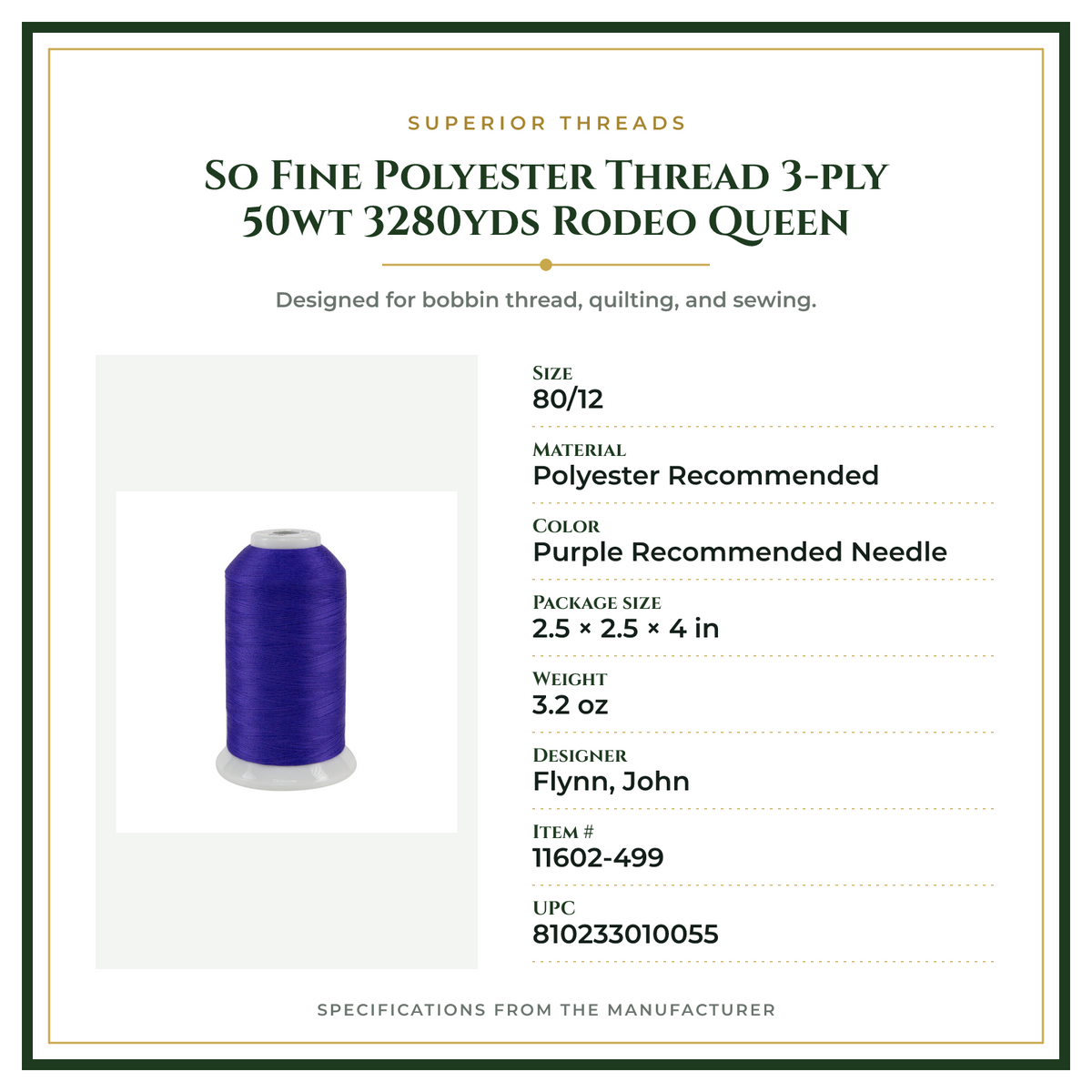 Product Specifications – So Fine Polyester Thread 3-ply 50wt 3280yds Rodeo Queen