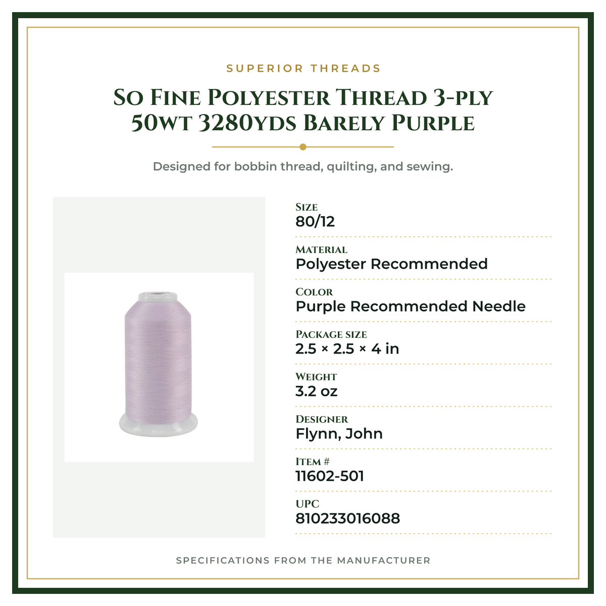 Product Specifications – So Fine Polyester Thread 3-ply 50wt 3280yds Barely Purple