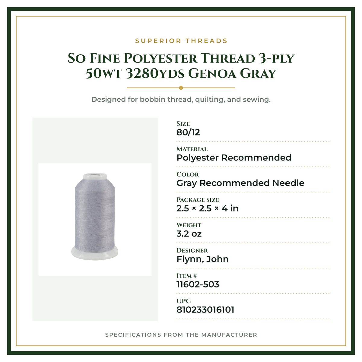 Product Specifications – So Fine Polyester Thread 3-ply 50wt 3280yds Genoa Gray