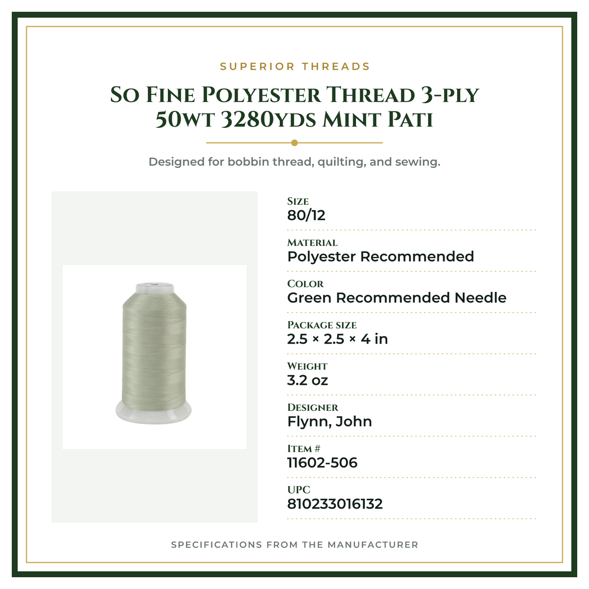 Product Specifications – So Fine Polyester Thread 3-ply 50wt 3280yds Mint Pati