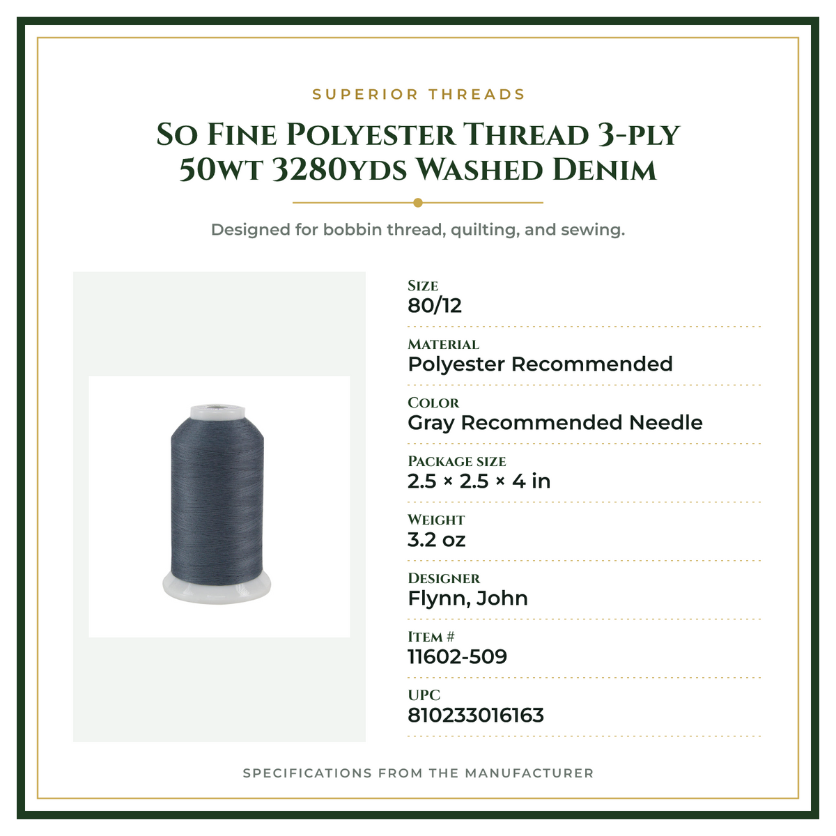 Product Specifications – So Fine Polyester Thread 3-ply 50wt 3280yds Washed Denim