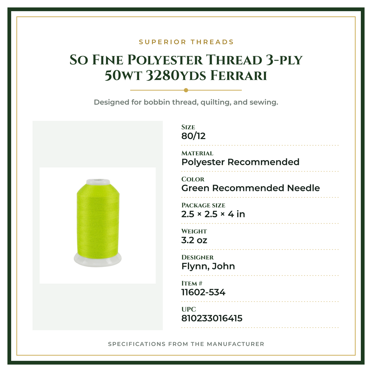 Product Specifications – So Fine Polyester Thread 3-ply 50wt 3280yds Ferrari