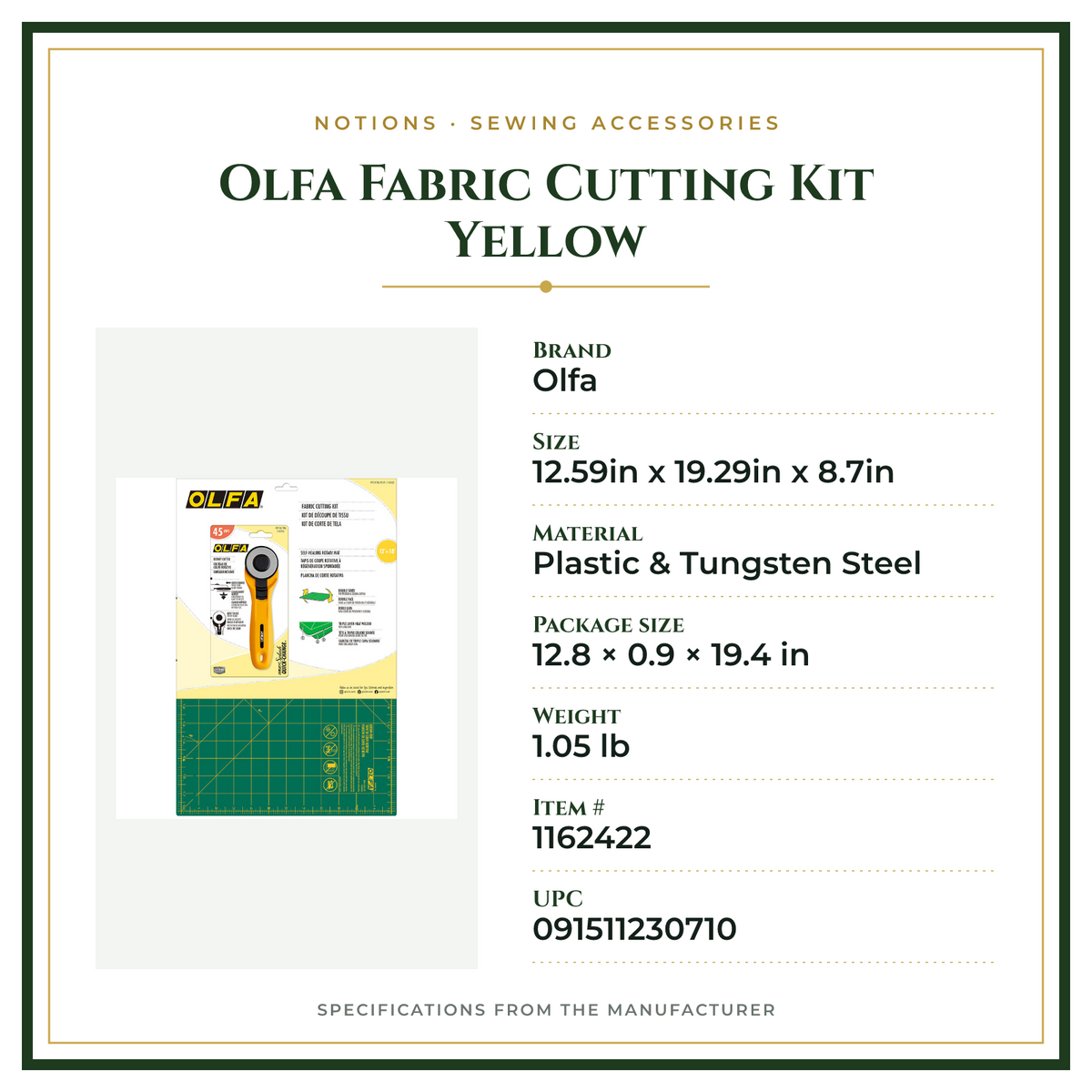 Product Specifications – Olfa Fabric Cutting Kit Yellow