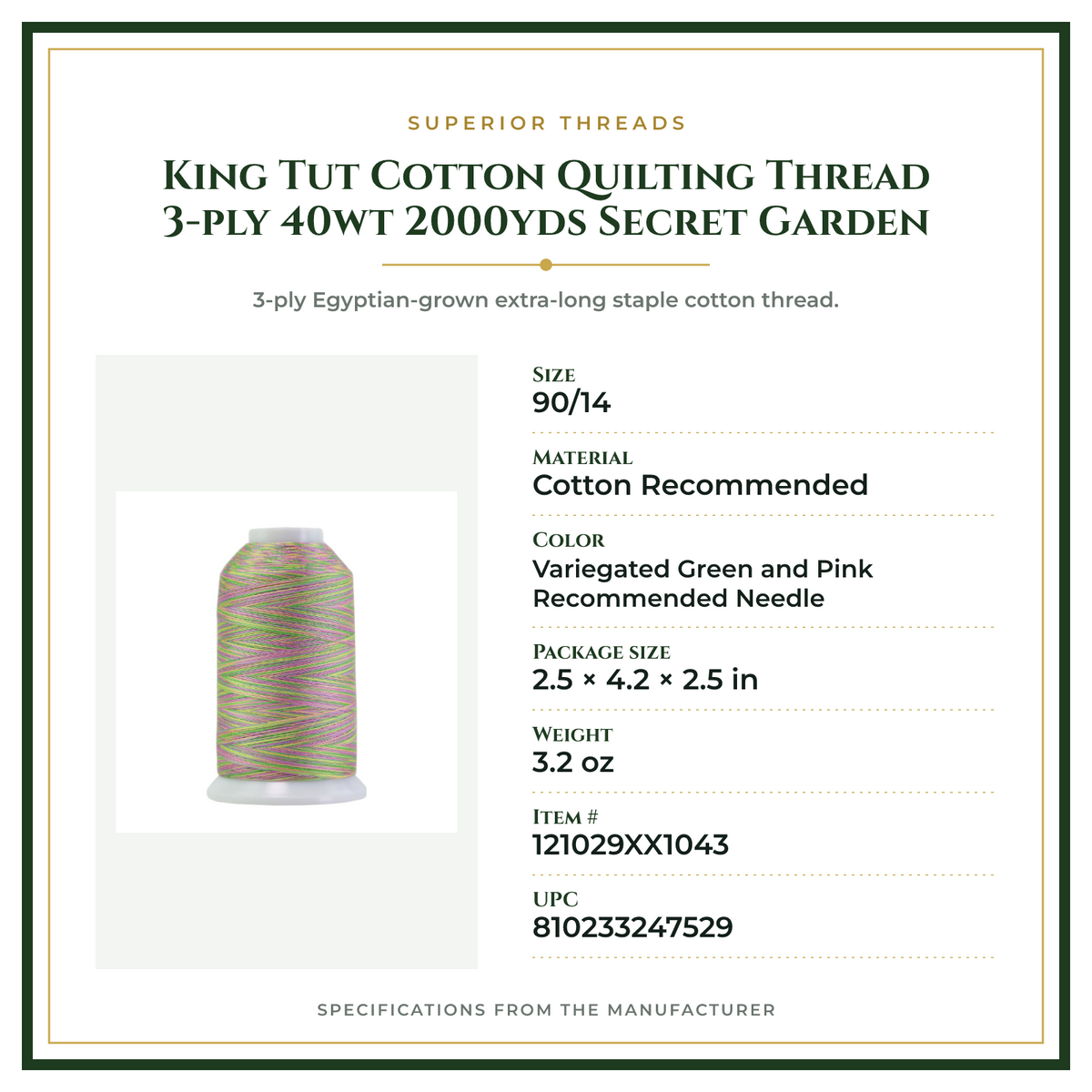 Product Specifications – King Tut Cotton Quilting Thread 3-ply 40wt 2000yds Secret Garden