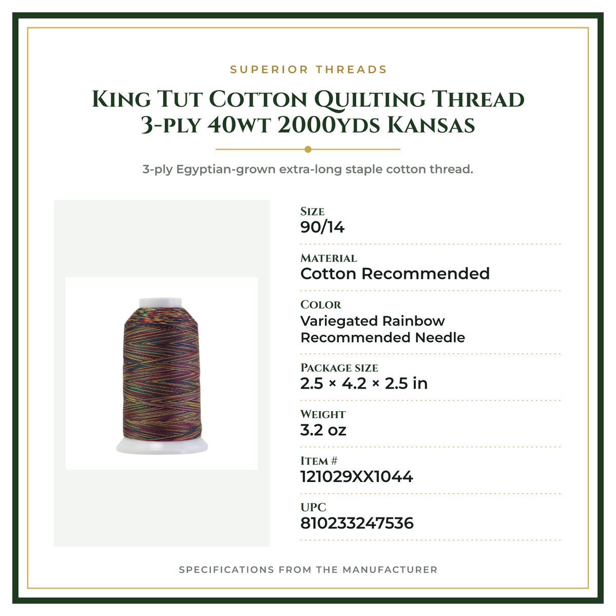 Product Specifications – King Tut Cotton Quilting Thread 3-ply 40wt 2000yds Kansas