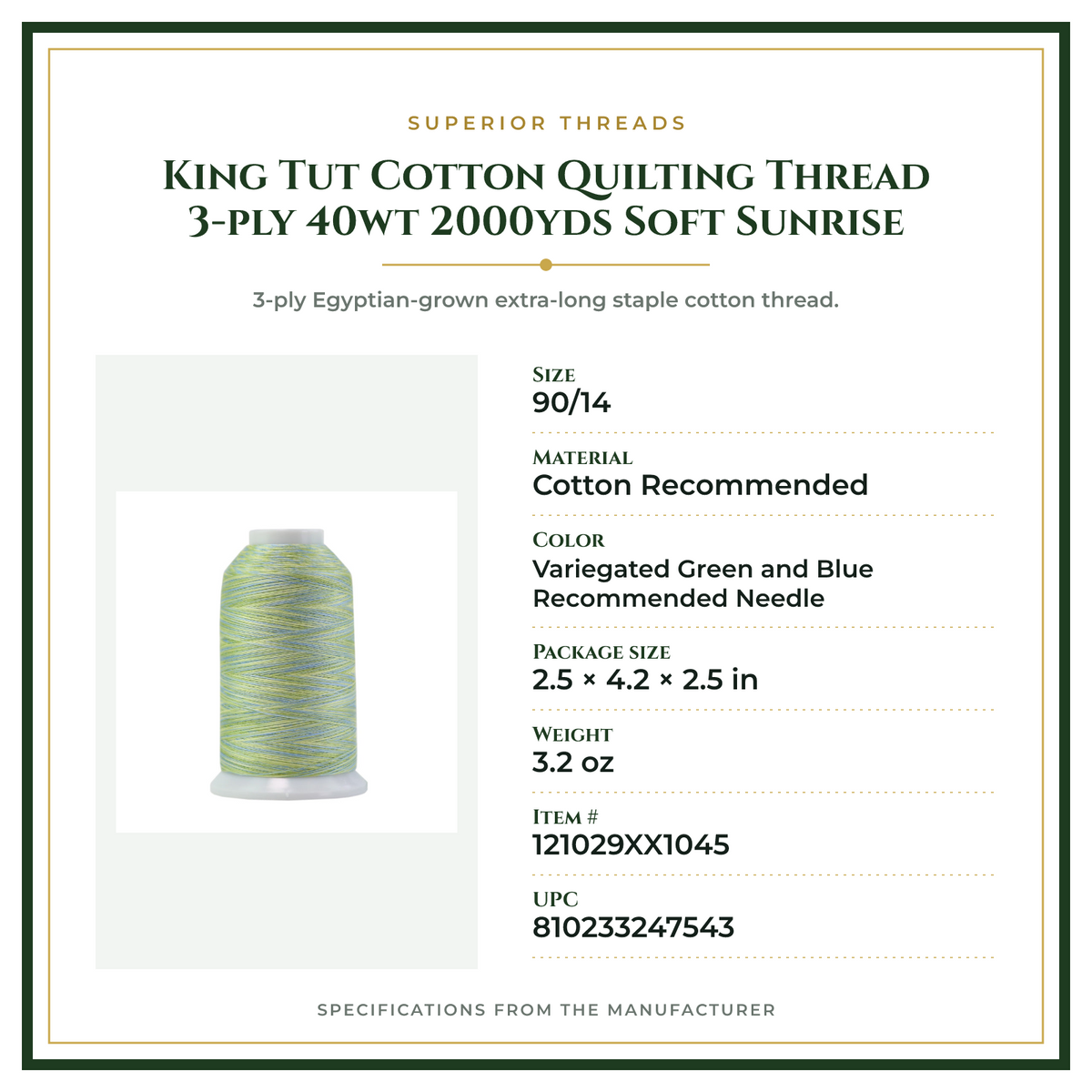 Product Specifications – King Tut Cotton Quilting Thread 3-ply 40wt 2000yds Soft Sunrise