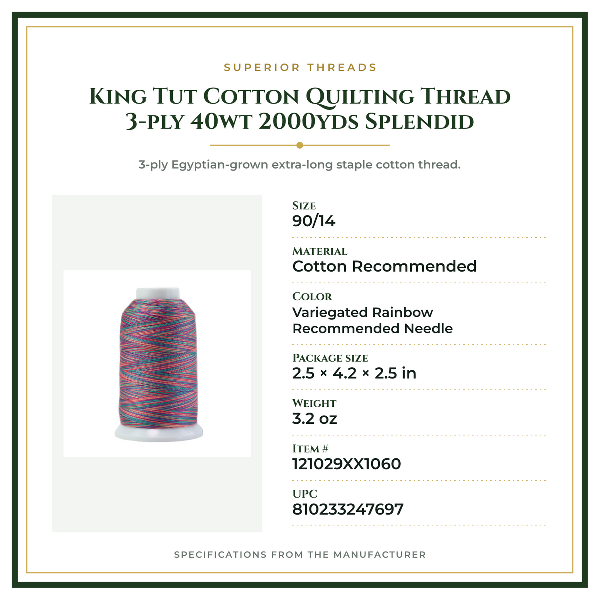 Product Specifications – King Tut Cotton Quilting Thread 3-ply 40wt 2000yds Splendid