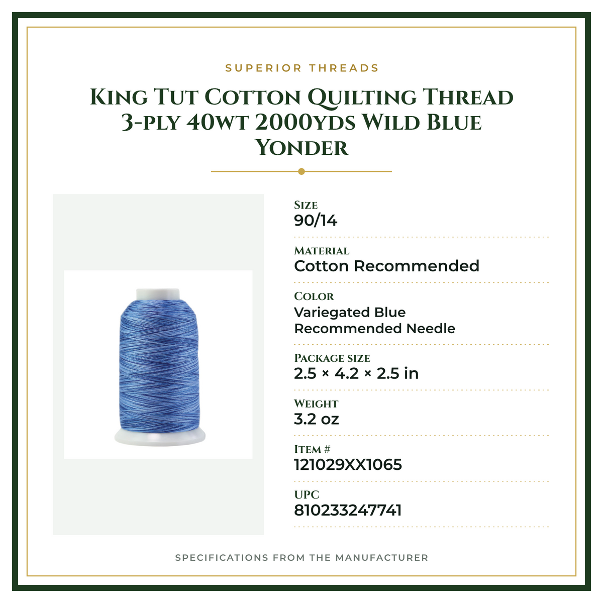 Product Specifications – King Tut Cotton Quilting Thread 3-ply 40wt 2000yds Wild Blue Yonder
