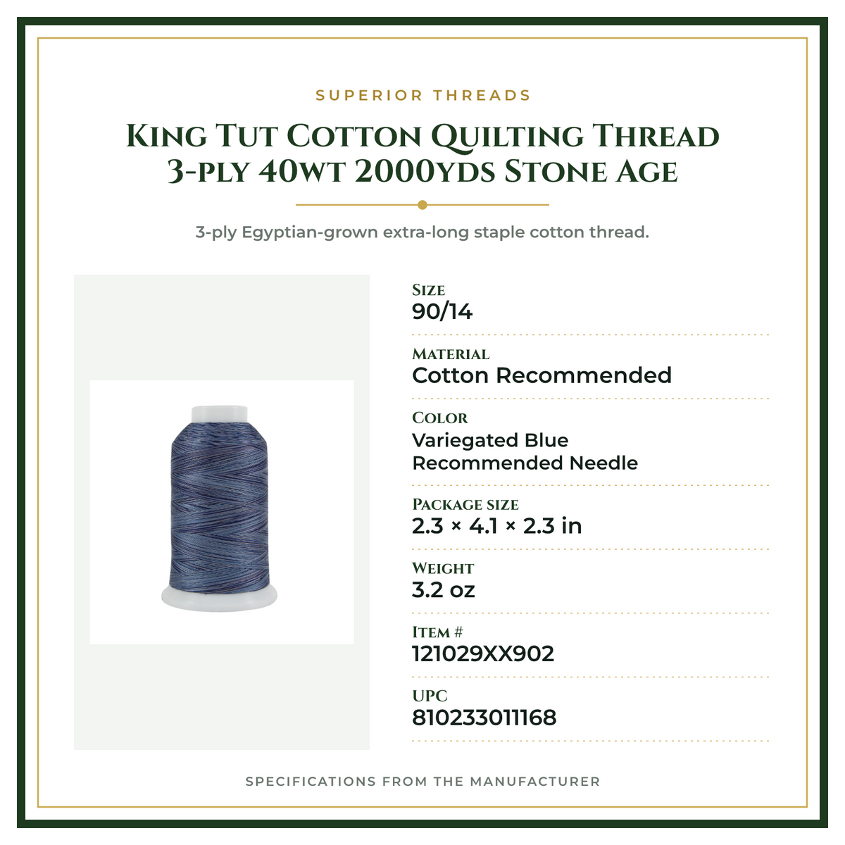Product Specifications – King Tut Cotton Quilting Thread 3-ply 40wt 2000yds Stone Age