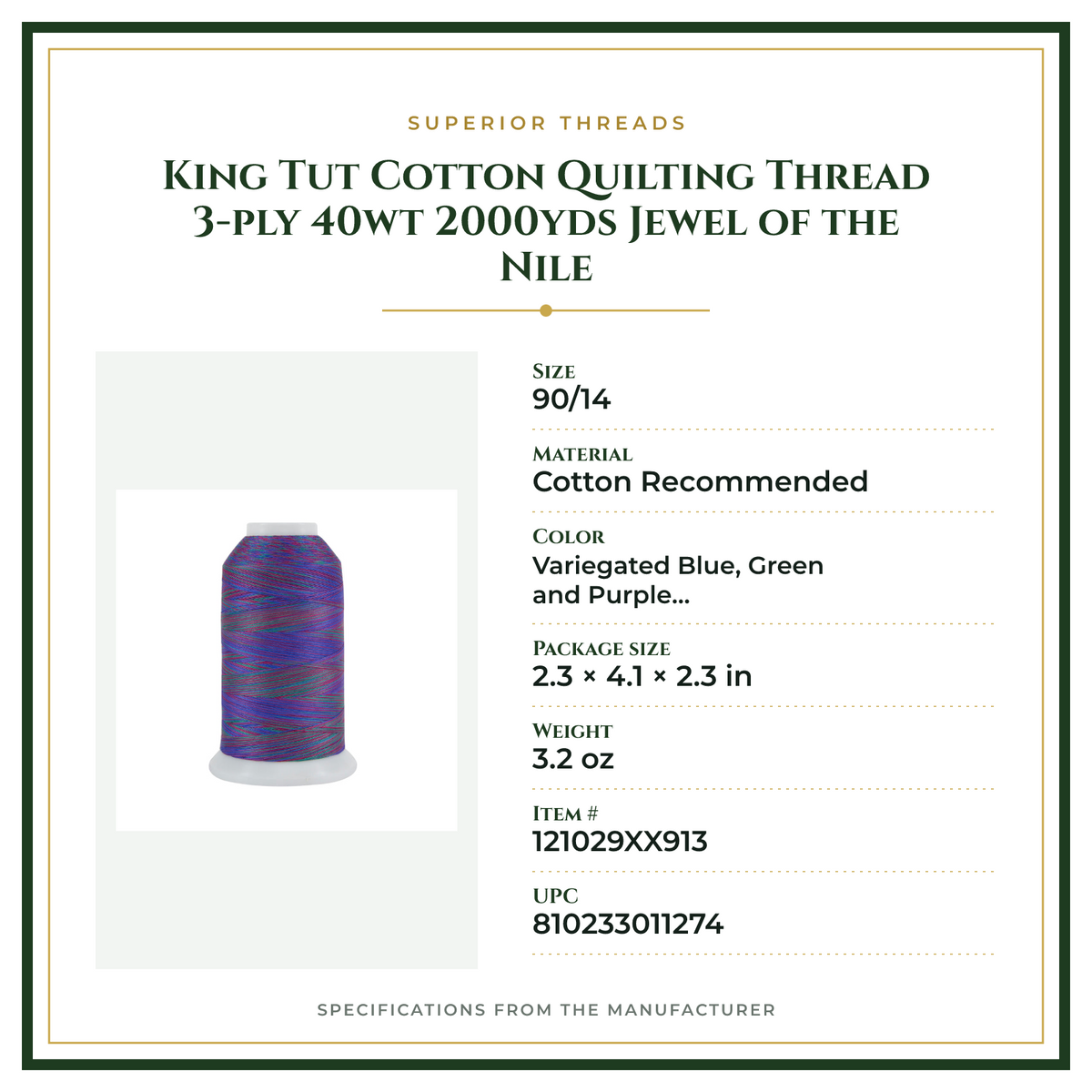 Product Specifications – King Tut Cotton Quilting Thread 3-ply 40wt 2000yds Jewel of the Nile