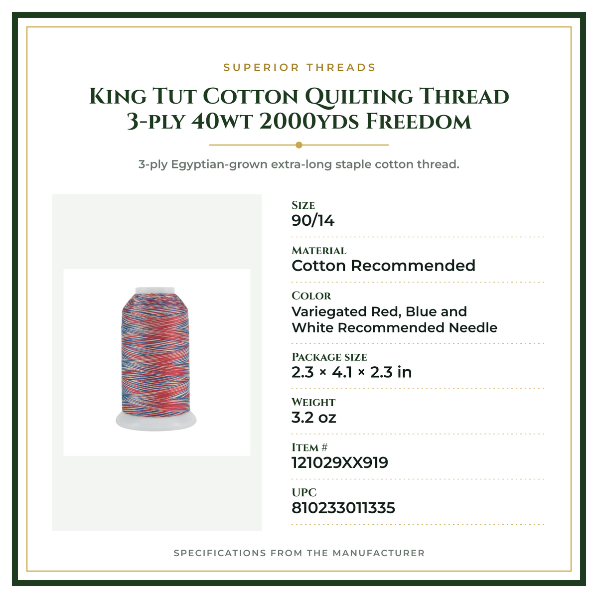 Product Specifications – King Tut Cotton Quilting Thread 3-ply 40wt 2000yds Freedom