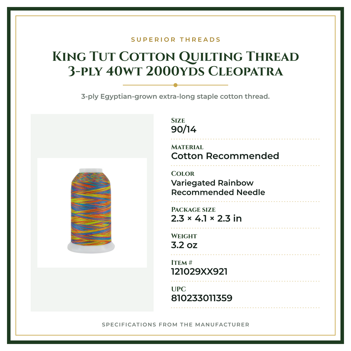 Product Specifications – King Tut Cotton Quilting Thread 3-ply 40wt 2000yds Cleopatra