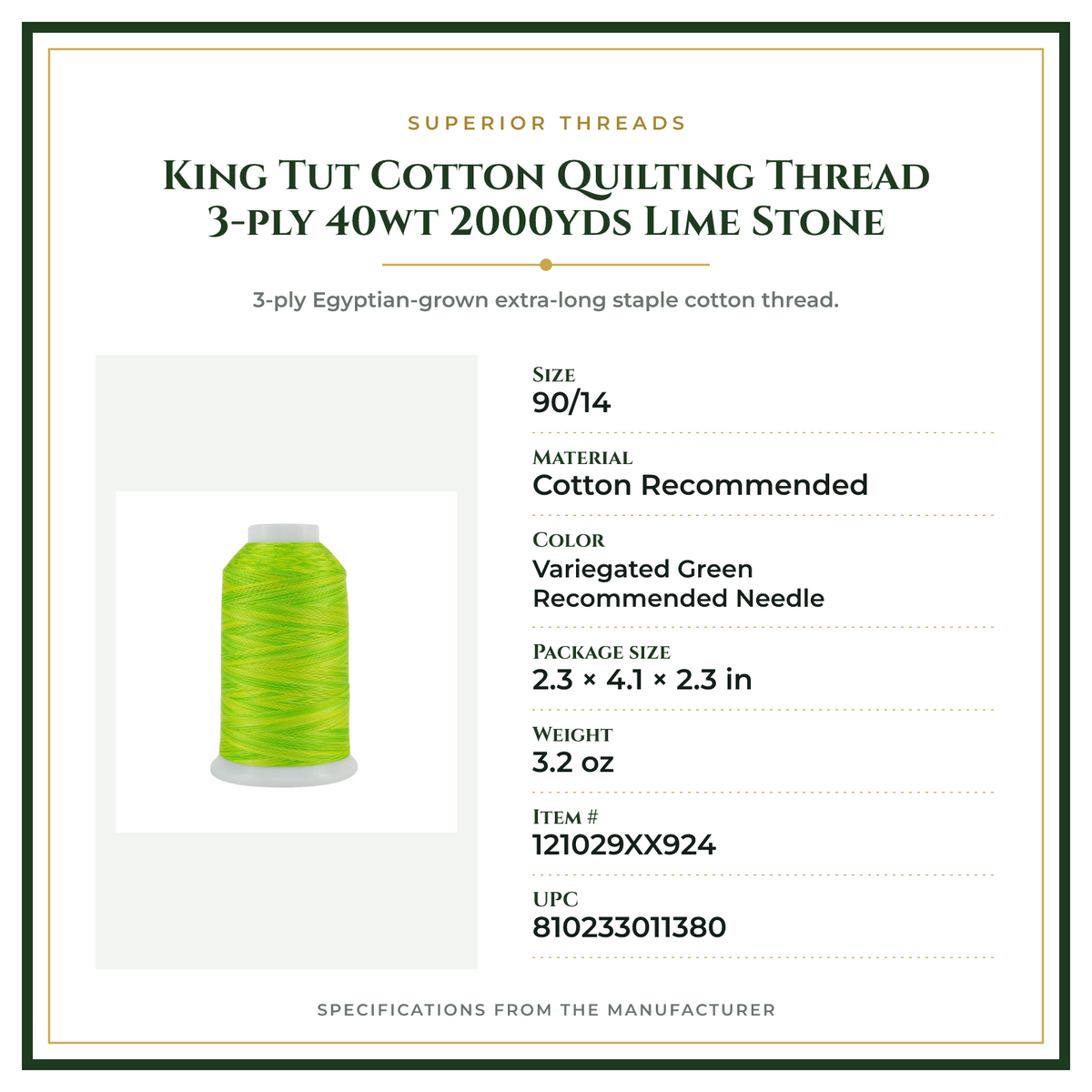 Product Specifications – King Tut Cotton Quilting Thread 3-ply 40wt 2000yds Lime Stone
