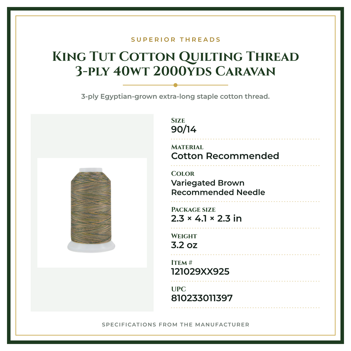 Product Specifications – King Tut Cotton Quilting Thread 3-ply 40wt 2000yds Caravan