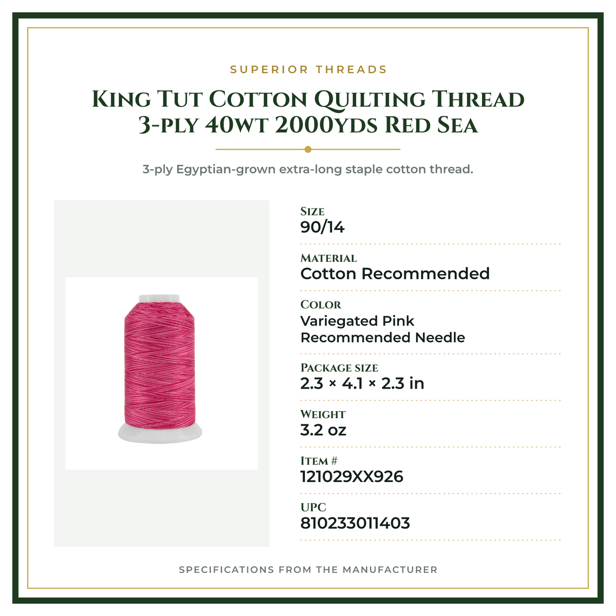 Product Specifications – King Tut Cotton Quilting Thread 3-ply 40wt 2000yds Red Sea