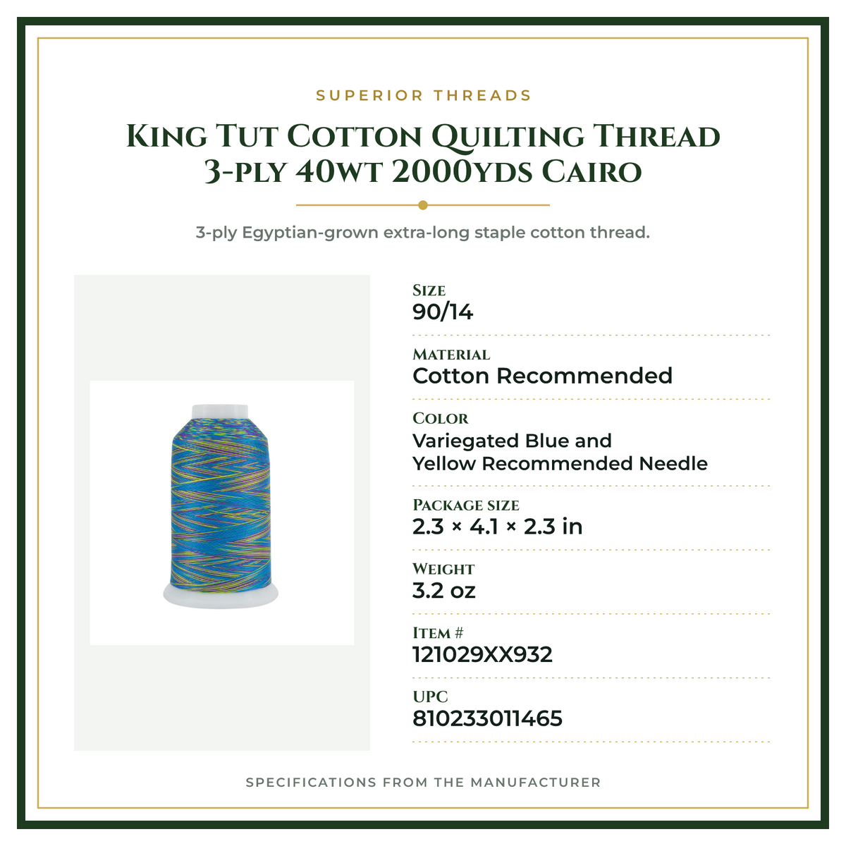 Product Specifications – King Tut Cotton Quilting Thread 3-ply 40wt 2000yds Cairo