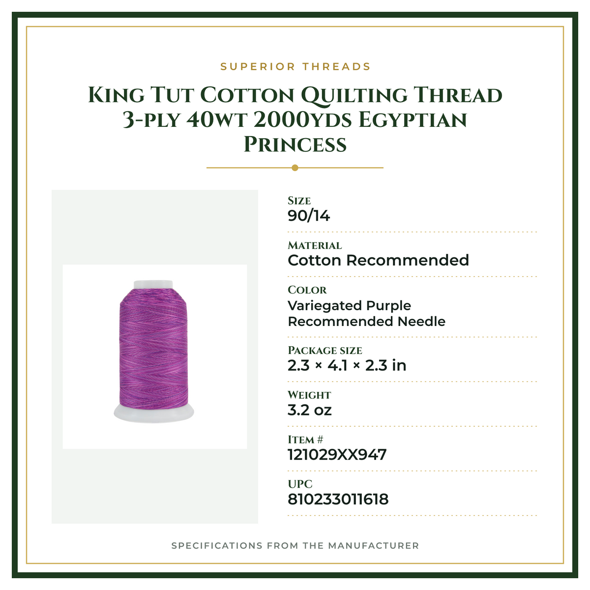 Product Specifications – King Tut Cotton Quilting Thread 3-ply 40wt 2000yds Egyptian Princess