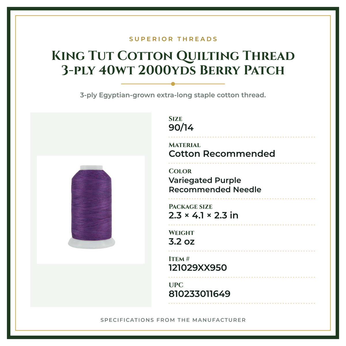 Product Specifications – King Tut Cotton Quilting Thread 3-ply 40wt 2000yds Berry Patch