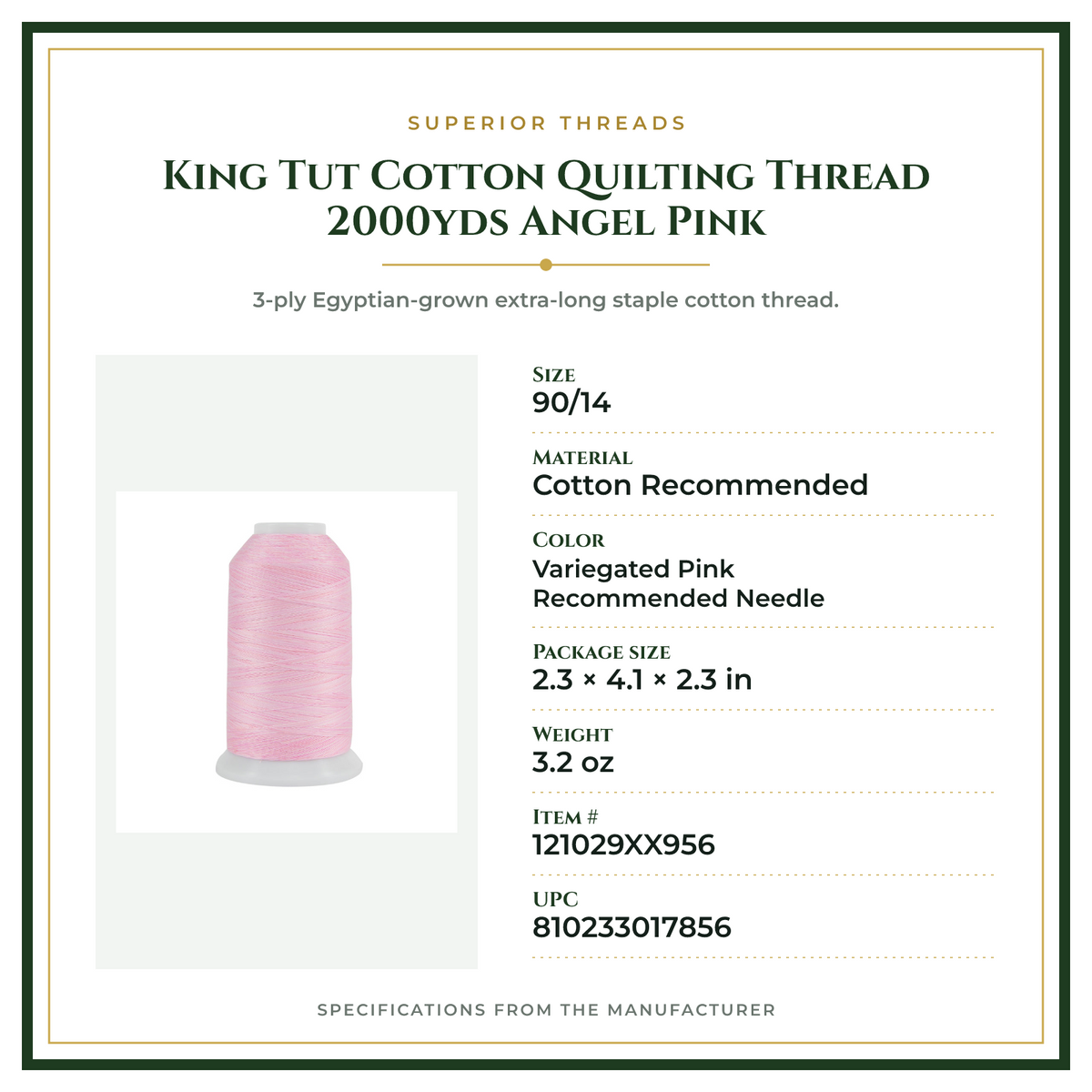 Product Specifications – King Tut Cotton Quilting Thread 2000yds Angel Pink