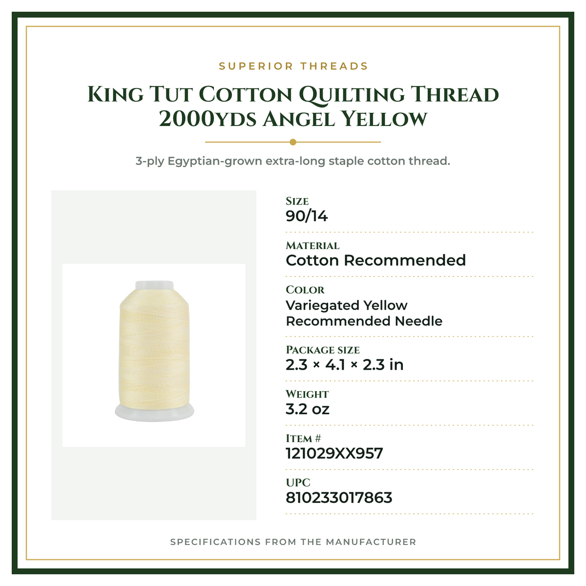 Product Specifications – King Tut Cotton Quilting Thread 2000yds Angel Yellow