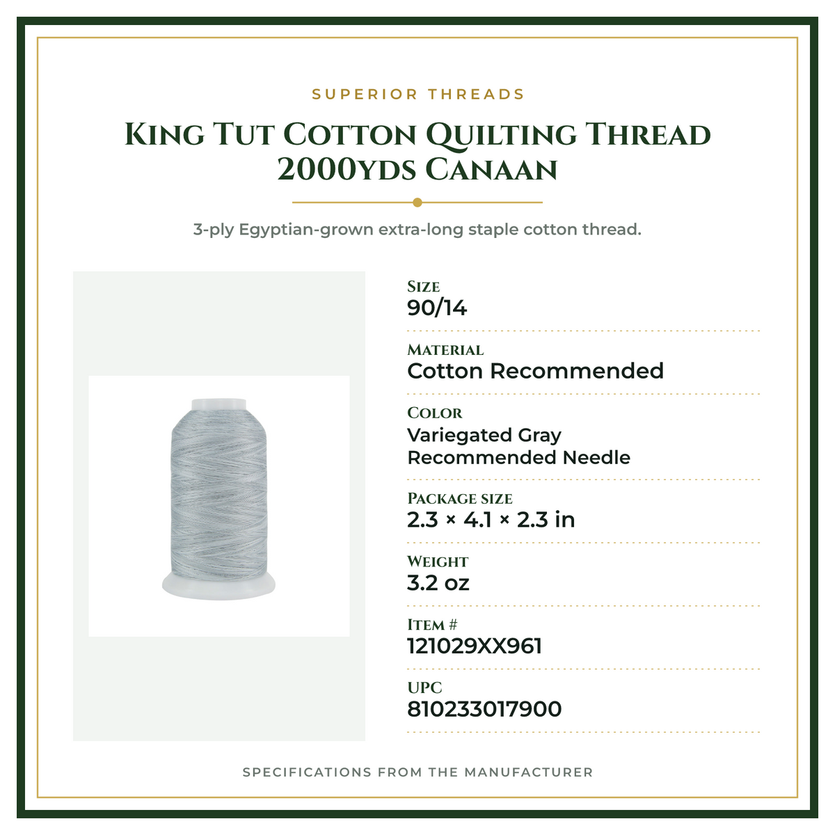 Product Specifications – King Tut Cotton Quilting Thread 2000yds Canaan