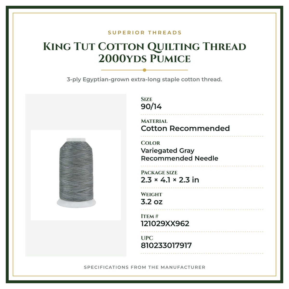 Product Specifications – King Tut Cotton Quilting Thread 2000yds Pumice