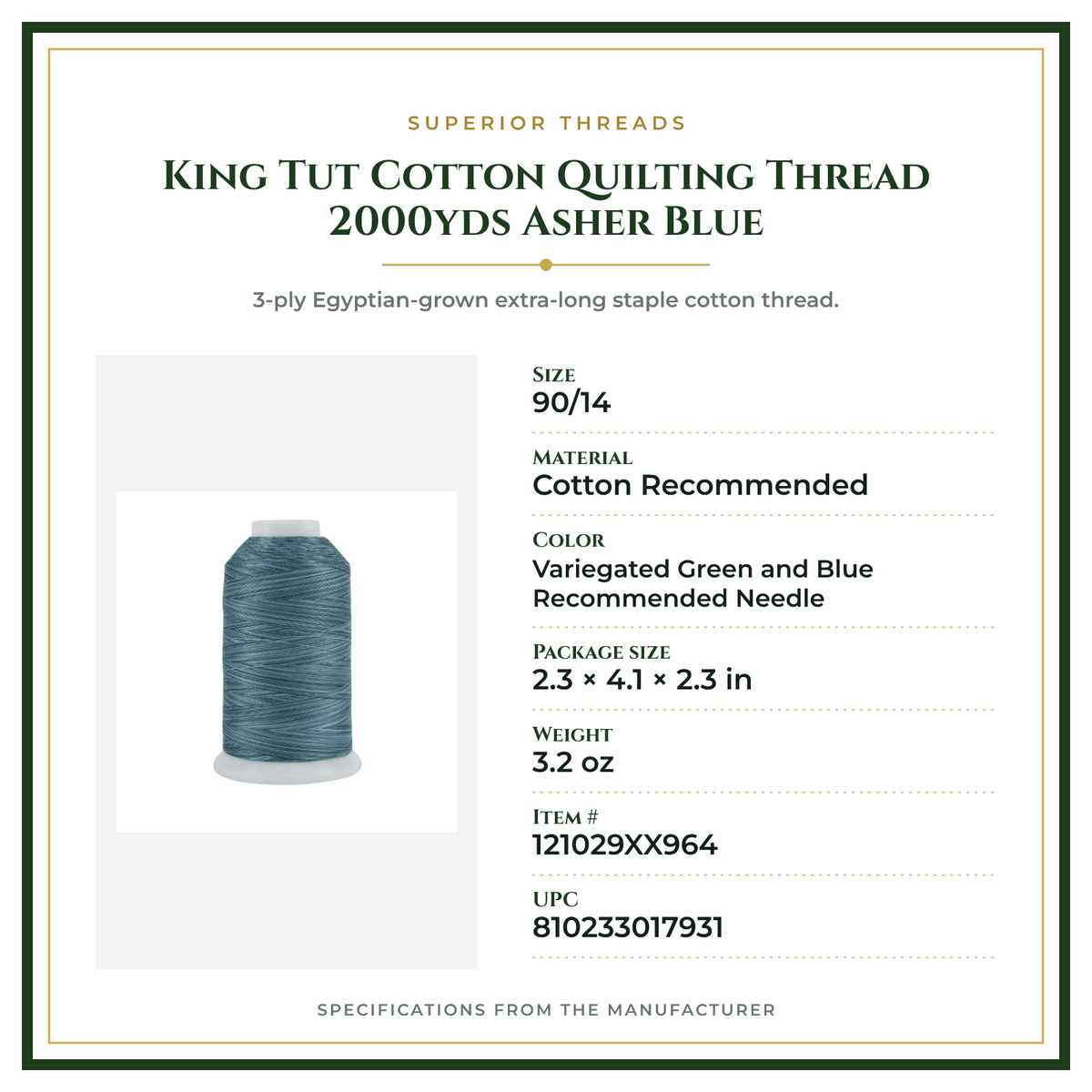 Product Specifications – King Tut Cotton Quilting Thread 2000yds Asher Blue