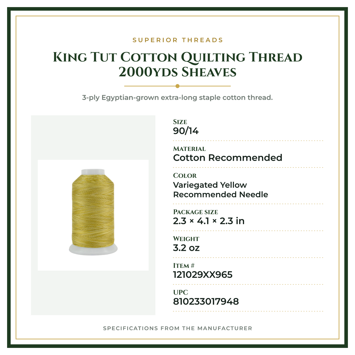 Product Specifications – King Tut Cotton Quilting Thread 2000yds Sheaves