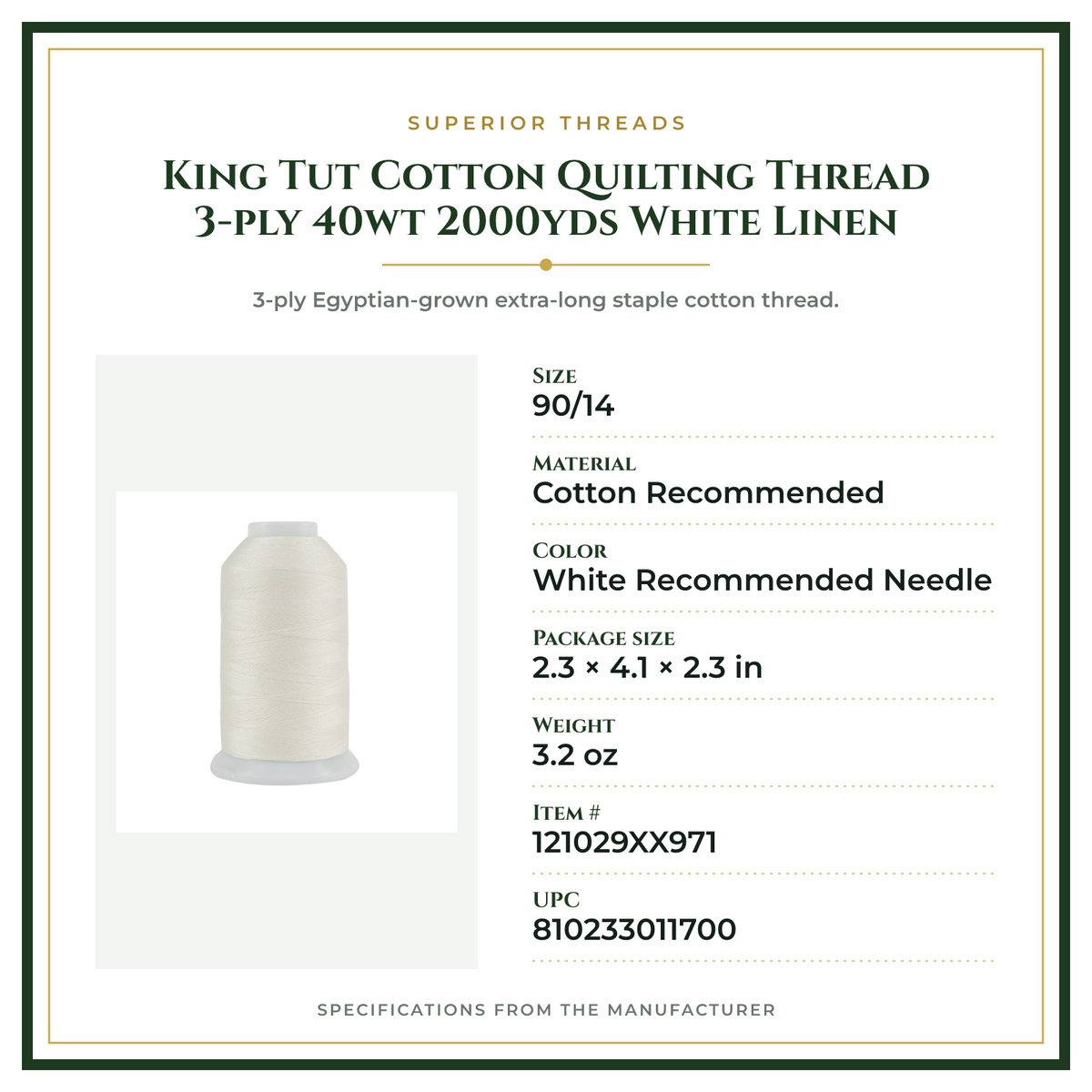 Product Specifications – King Tut Cotton Quilting Thread 3-ply 40wt 2000yds White Linen