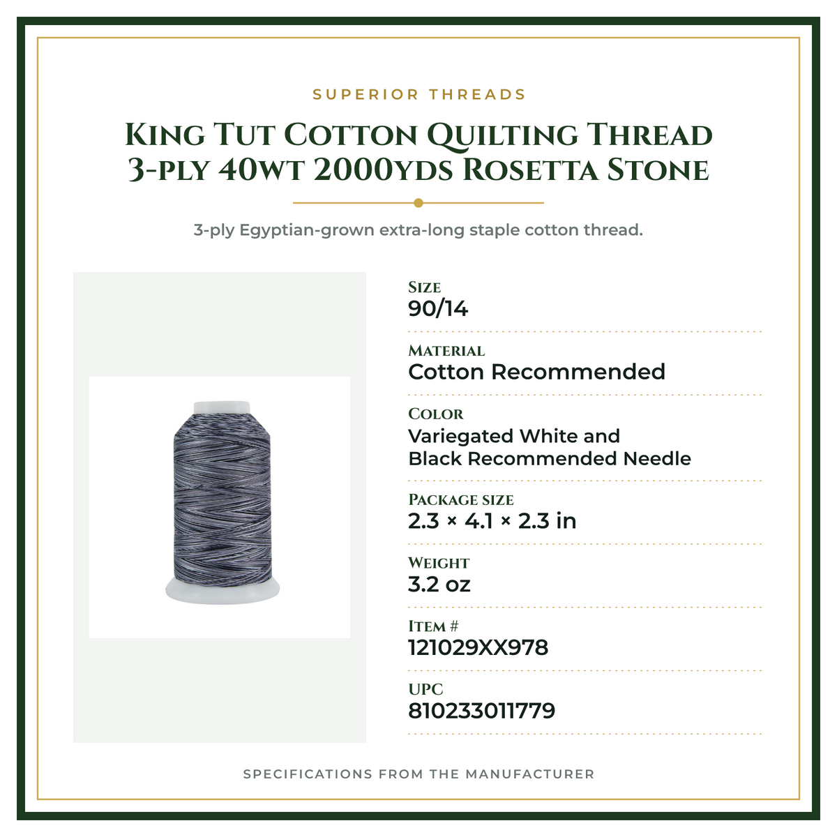 Product Specifications – King Tut Cotton Quilting Thread 3-ply 40wt 2000yds Rosetta Stone
