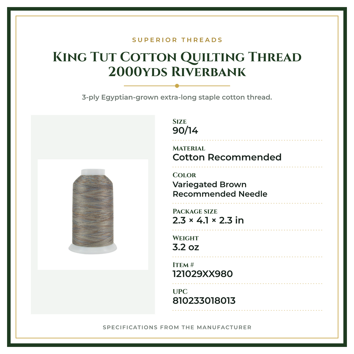 Product Specifications – King Tut Cotton Quilting Thread 2000yds Riverbank