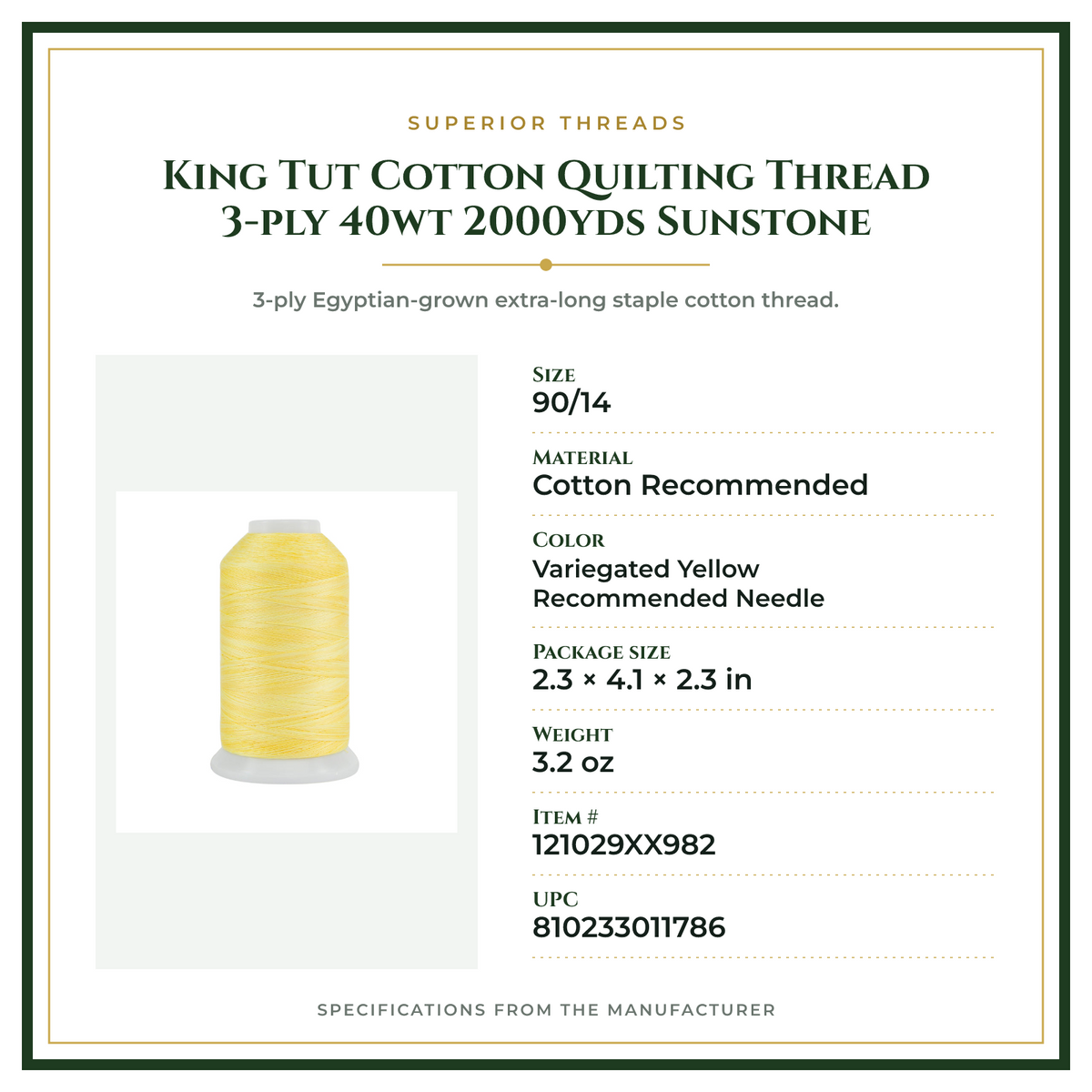 Product Specifications – King Tut Cotton Quilting Thread 3-ply 40wt 2000yds Sunstone